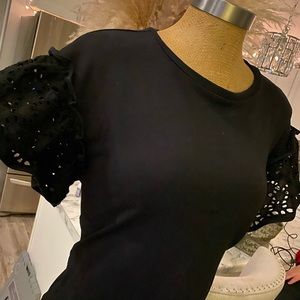 Black tee shirt with black lace ruffle sleeves